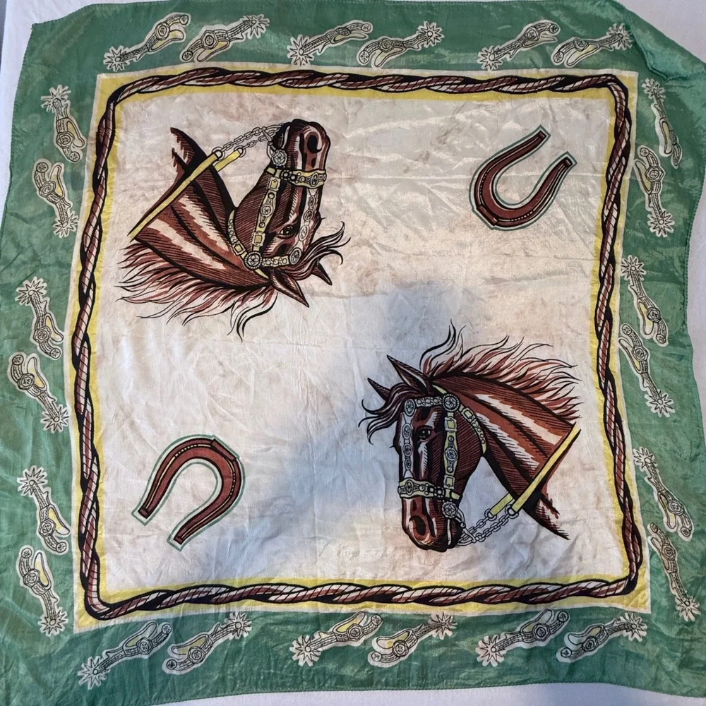 Vintage Scarf Equestrian Horse Horseshoe Green Cream Square Western Cowboy